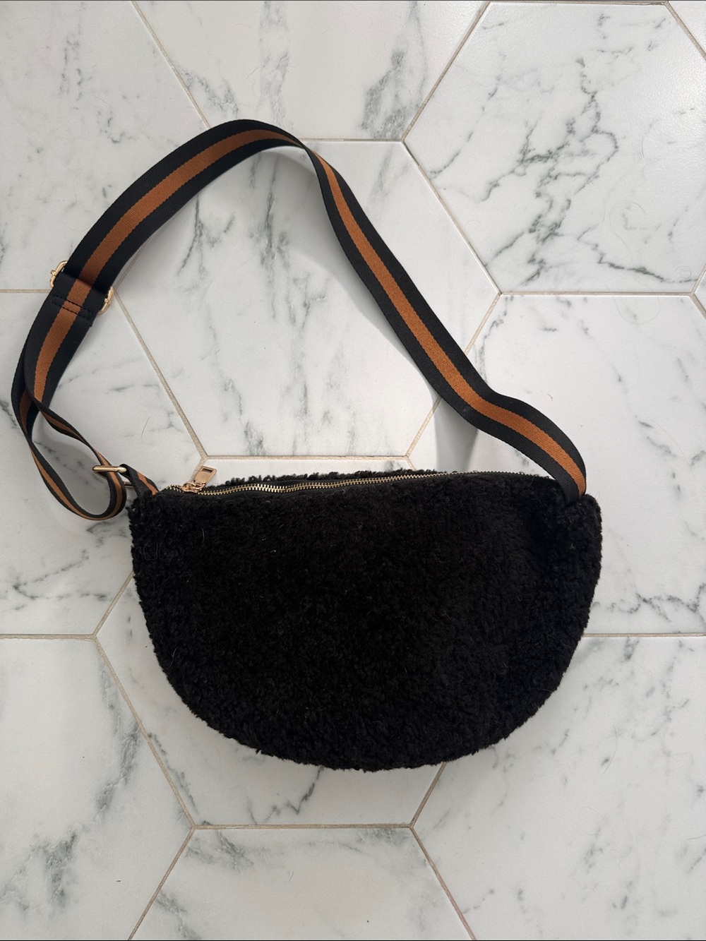 Anthropologie Black Teddy Crossbody with Striped Brown & Black Strap